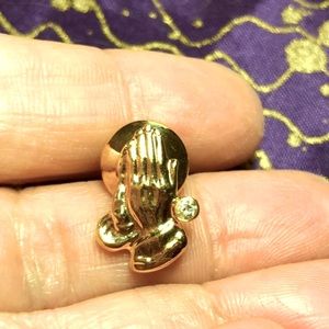 Vintage Gold Tone Prayer Hands Lapel Pin Tie Tack with Rhinestone